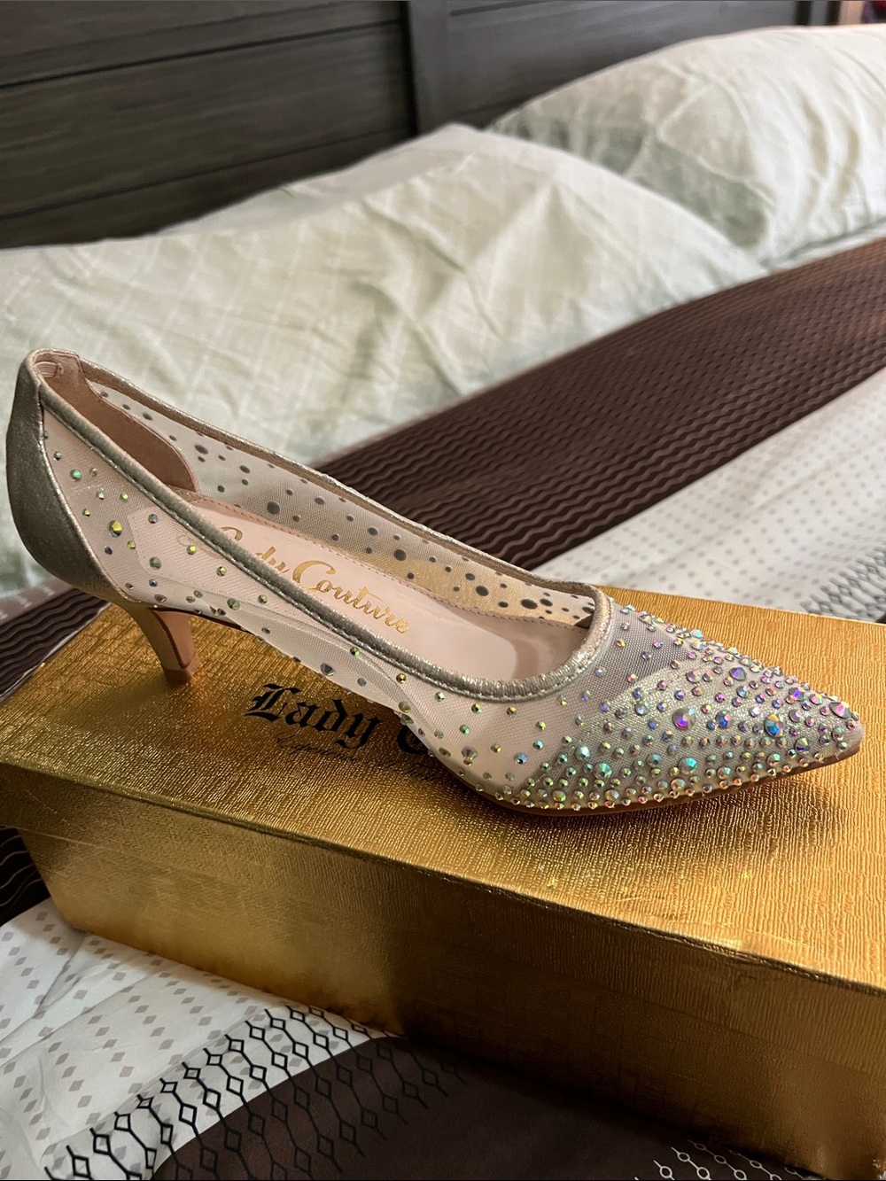 Lady Couture mesh champagne colored kitten heel